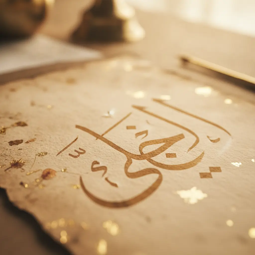 Close-up of gold Arabic calligraphy spelling 'Allah' on a reflective surface.