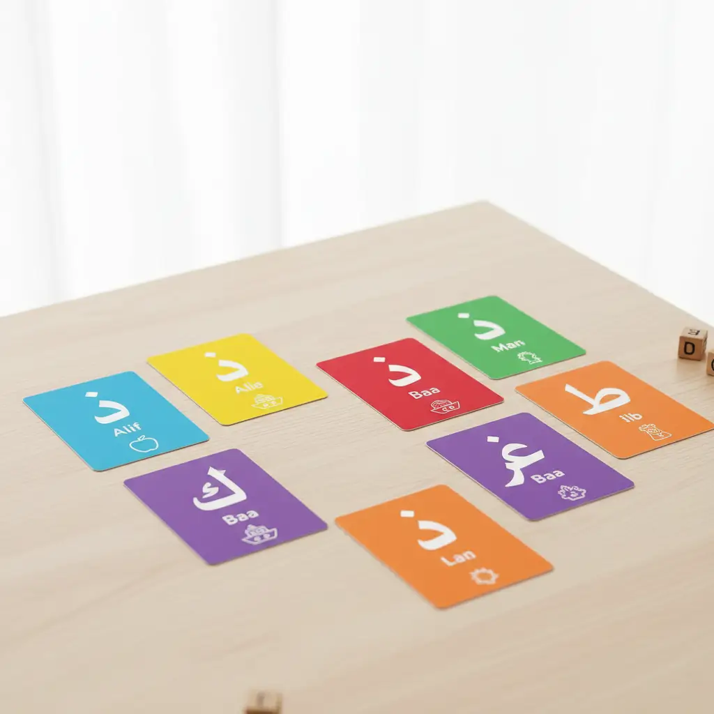 Colorful educational cards laid out on a light wooden table, each card shows a white symbol and a small icon.