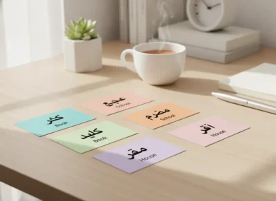 Colorful sticky notes on a desk display Persian vocabulary with English translations like 'Book', 'School', and 'House'.