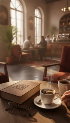 Cozy cafe scene: a wooden table with a large book, a cup of coffee, and a pair of glasses; blurred customers in the background.
