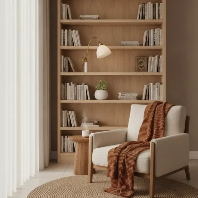 Cozy reading nook with a tall wooden bookshelf, a beige armchair, and an orange knit blanket draped over the chair beside a small round wooden table with a mug, under warm lighting in neutral tones.