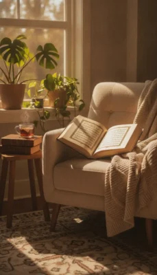 Cozy reading nook with an open book on a beige armchair, warm sunlight, a cup of tea on stacked books, and potted plants nearby.