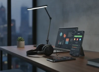 Desk setup with a laptop, a phone on a stand displaying a dashboard, over-ear headphones, a desk lamp, and a small plant, with a city skyline in view.4bb9d9
