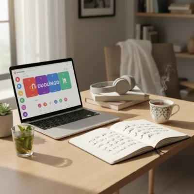 image_title Desk setup with a laptop displaying the Duolingo app, an open notebook with Arabic script, headphones, a cup of tea, and a glass of water on a sunlit table.