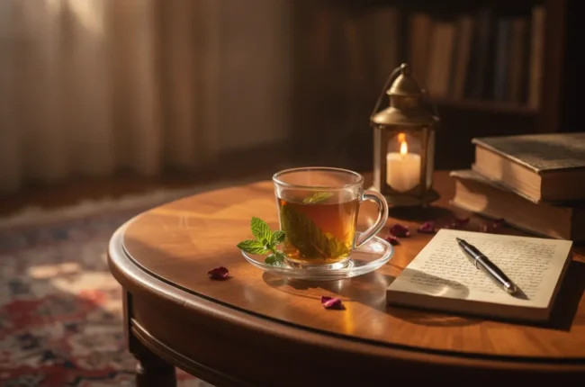 Glass teacup with mint leaves on a saucer, on a round wooden table beside a notebook and lantern.