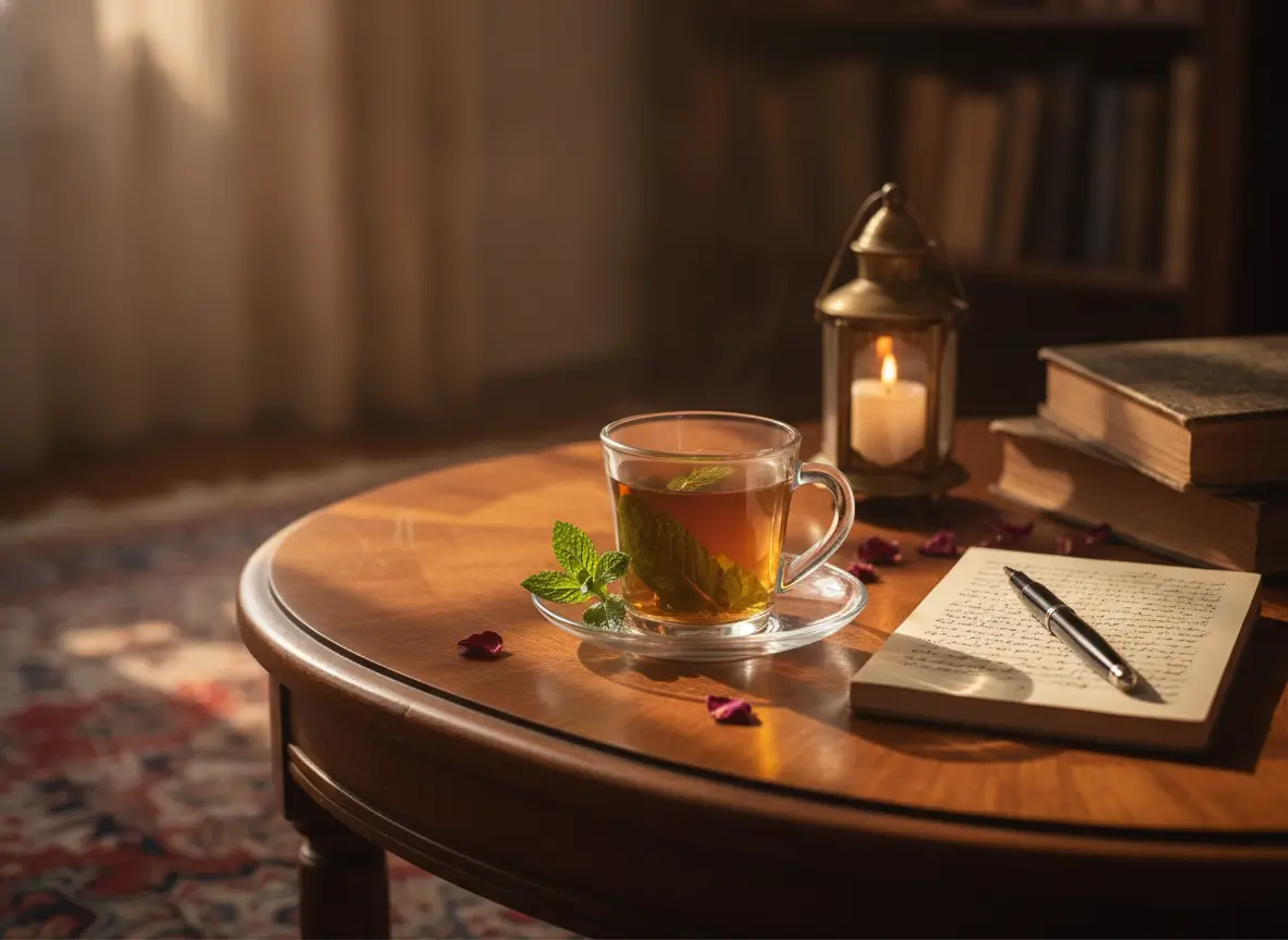 Glass teacup with mint leaves on a saucer, on a round wooden table beside a notebook and lantern.
