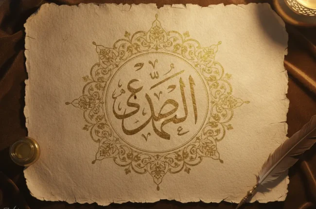 Gold Arabic calligraphy 'الصلاة' in an ornate circular frame on parchment, with a feather quill, ink pot, and a lit candle nearby.