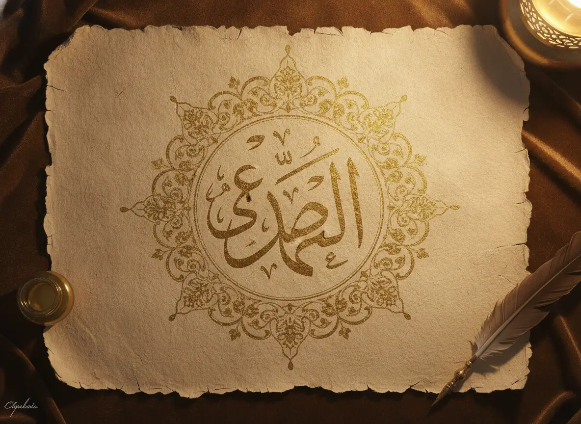 Gold Arabic calligraphy 'الصلاة' in an ornate circular frame on parchment, with a feather quill, ink pot, and a lit candle nearby.
