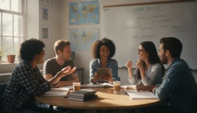 Group of five students laughing and talking around a round table in a classroom, with notebooks and coffee cups, whiteboard in background reading Grammar Practice and Verb Conjugation.