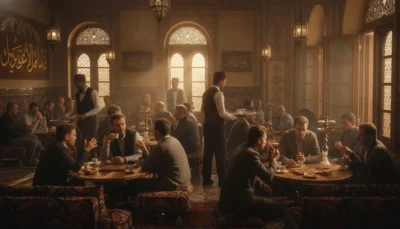 Groups of men sit around low round tables in a warmly lit, Middle Eastern café, with waiters serving drinks and hookahs on the tables.