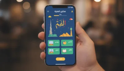 Hand holding a smartphone displaying an Arabic learning app with a arabic study routine for working adults