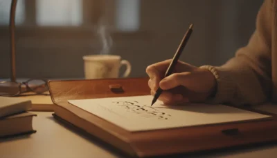 Hand writing calligraphy with a fountain/brush pen on a sheet of paper at a wooden desk, steaming mug in the background.