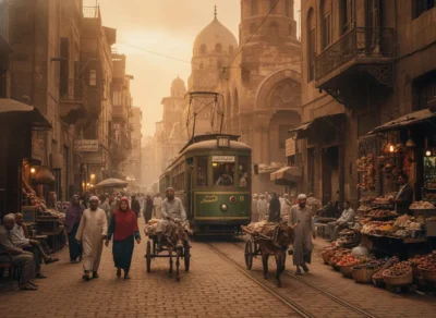 Historic street market with a central tram and pedestrians in traditional clothing, flanked by fruit stalls and stone buildings with balconies.