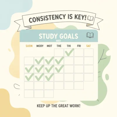 daily arabic study routine
calendar with green checkmarks on many days and the banner 'Consistency is key' at the top.