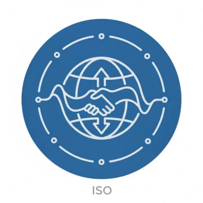 ISO certification emblem: blue circle with globe and handshake, symbolizing international standards