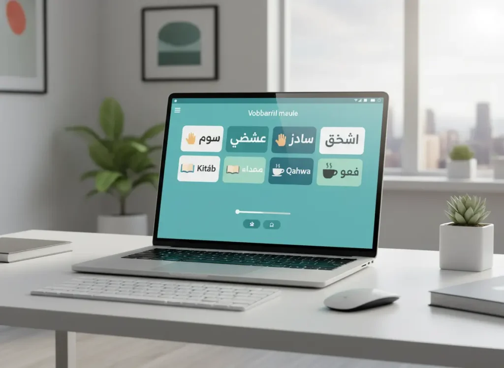 Laptop on a white desk displaying a teal language-learning app with Arabic vocabulary tiles on screen.