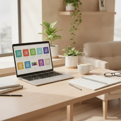 Laptop on a wooden desk in a bright home office with a cup of coffee, notebook, glasses, and potted plants nearby.