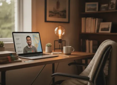 Laptop on a wooden desk shows a man in a video call; a world map and lamp in a cozy home office backdrop.