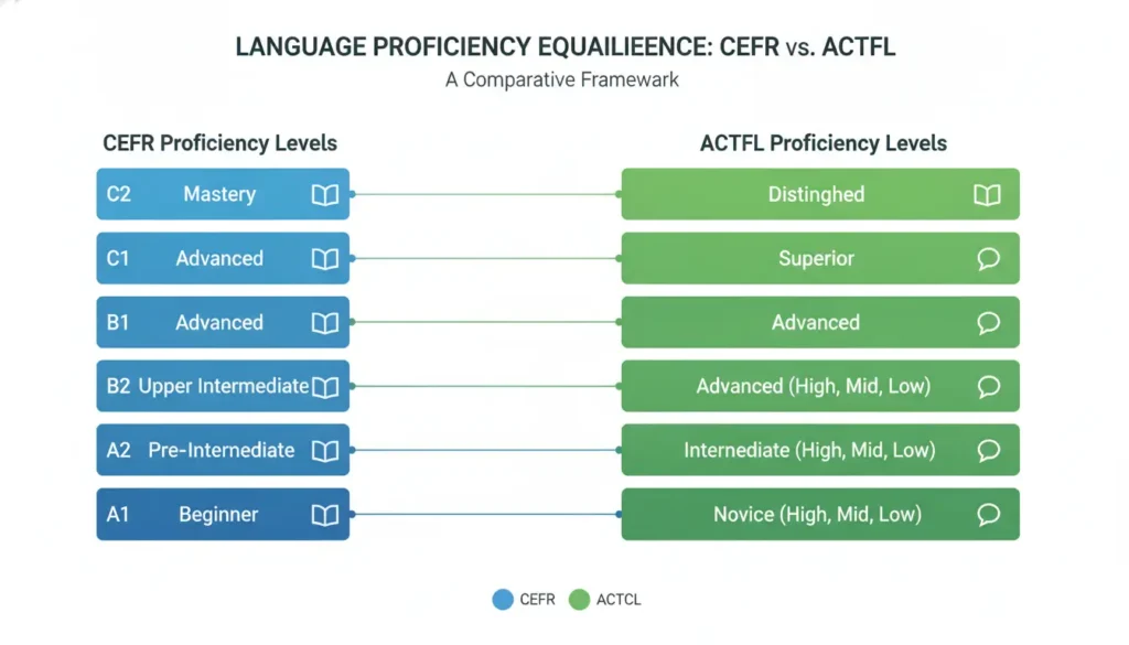 Comparison of CEFR and ACTFL proficiency: left CEFR levels (A1 to C2) and right ACTFL levels (Novice to Distinguished) with mapping lines between corresponding levels.