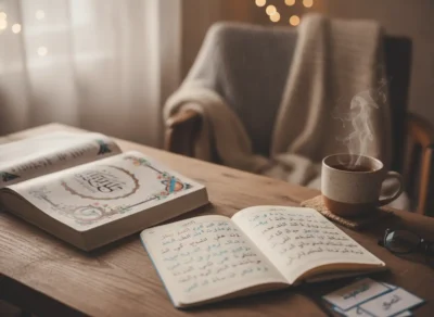 Open Arabic notebook and a colorful illustrated book on a wooden table with a steaming mug, glasses nearby in a cozy room.