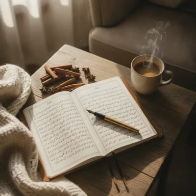 Open Arabic-script book on a wooden table, with a gold pen, a steaming coffee mug, and cinnamon sticks and star anise nearby for a cozy reading scene.