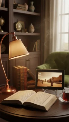 image_title Open book on a wooden desk beside a warm-lit copper lamp, tablet showing a desert scene, a glass of tea, and vintage books on a shelf behind.
