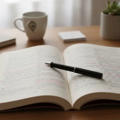 Open book with a black pen resting on pages, on a wooden desk with a mug and plant in the background.