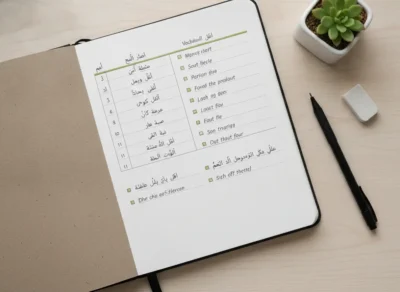 Open notebook on a light desk, showing a vocabulary page with Arabic words and checkboxes, plus a pen and a small plant nearby.