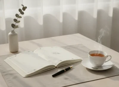 Open notebook on a light table with a fountain pen, a steaming cup of tea, and a small vase with eucalyptus.