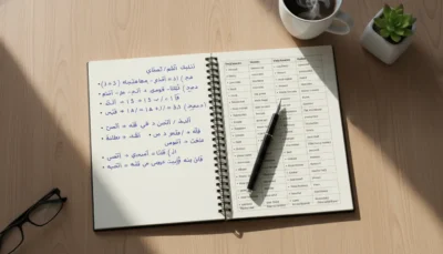 Open spiral notebook with Arabic writing and a table of terms, a black pen resting on its pages on a wooden desk, plus a cup of coffee and two small plants nearby.