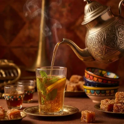 Ornate teapot pours hot mint tea into a glass with lemon slice and how long to reach a1 in arabic
