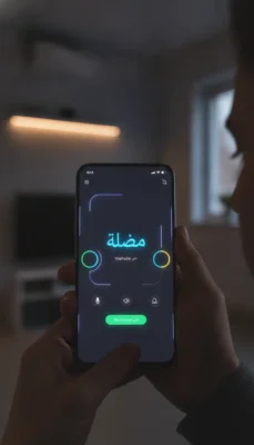 Person holds a phone showing a language lesson app with Arabic text and a green Next Lesson button in a dim room.