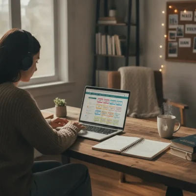 Person wearing headphones working on a laptop with a colorful flowchart on the screen at a wooden desk, with a notebook and coffee mug nearby in a cozy home office.