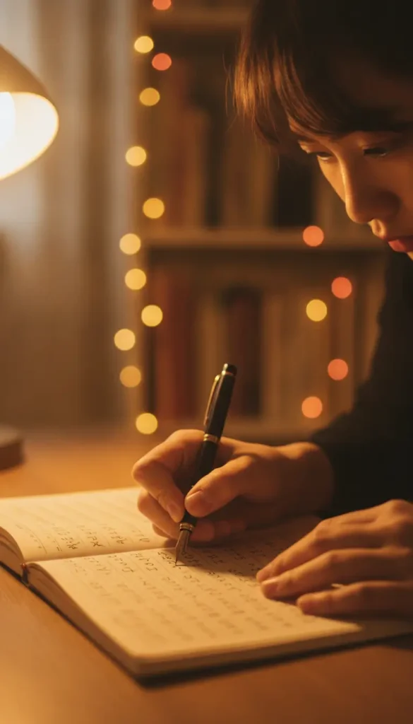 Person writing in a notebook with a fountain pen at a wooden desk, warm lamp light and string lights in the background.
