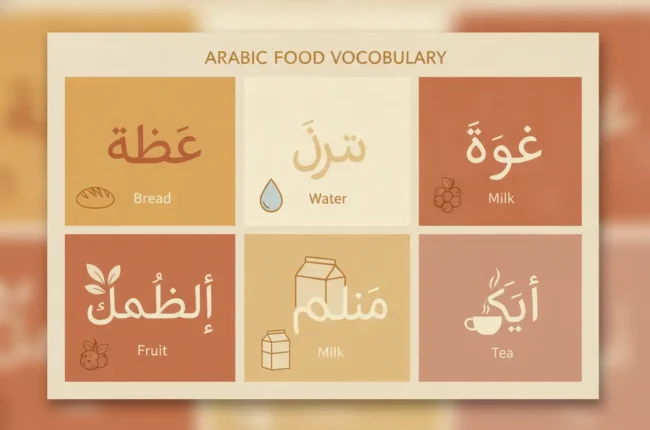 Poster titled 'Arabic Food Vocabulary' with six tiles showing Bread, Water, Milk, Fruit, Milk, and Tea, each tile containing the Arabic word and an icon.