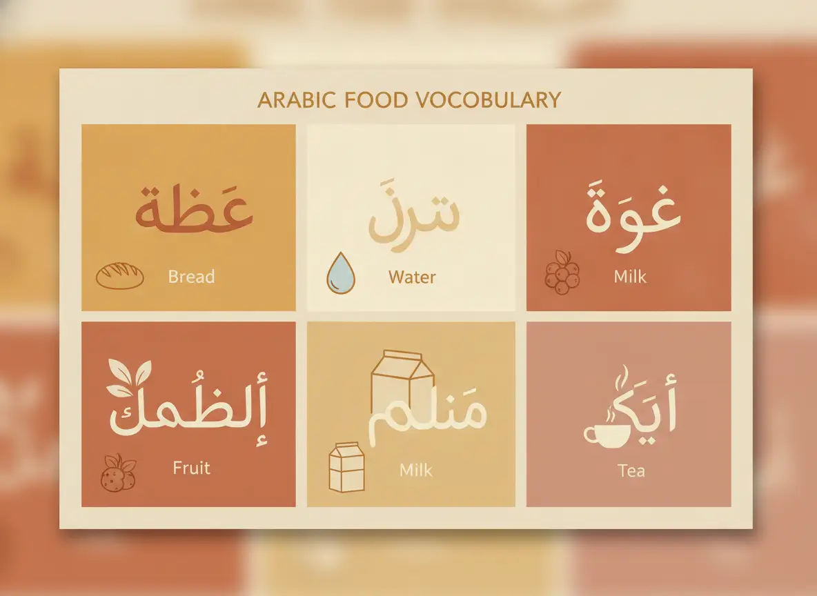 Poster titled 'Arabic Food Vocabulary' with six tiles showing Bread, Water, Milk, Fruit, Milk, and Tea, each tile containing the Arabic word and an icon.