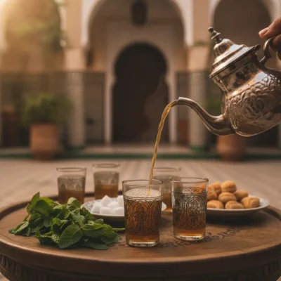Silver teapot pours hot tea into ornate decorative glasses on a round wooden tray, with mint, sugar cubes, and pastries in an outdoor courtyard.
