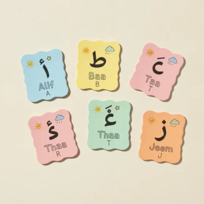 Six pastel tiles arranged in two rows of three, each showing an Arabic letter with its transliteration (Alif A, Ba B, Ta T, Tha R, Thaa T, Jeem J) and small sun/cloud icons in the corners.
