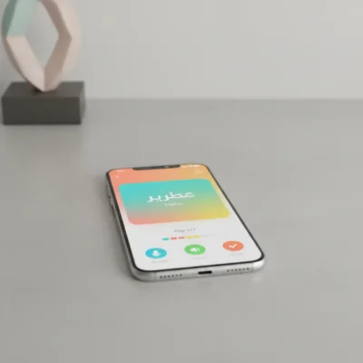 image_title Smartphone lying face up on a desk showing a colorful welcome screen with learn arabic without living abroad