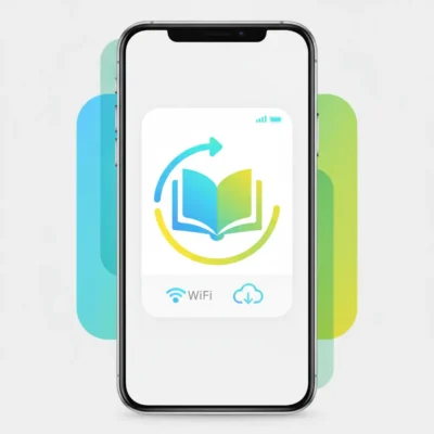 Smartphone screen showing an e-book app logo with an open book and a circular arrow, free vs paid arabic learning
