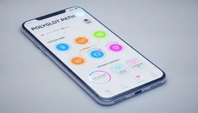 Smartphone screen showing the Polyglot Path education app with apps vs teachers for arabic