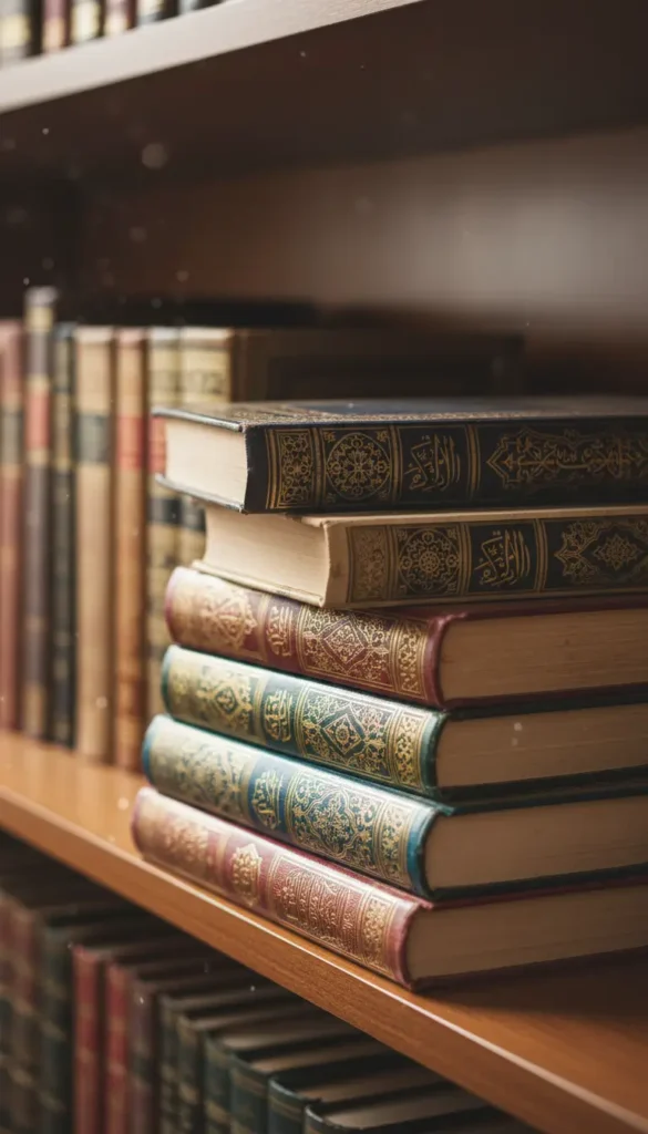 Stack of antique hardcover books with gold embossed designs on a wooden library shelf
