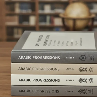 Stack of Arabic Progressions language textbooks (Levels 1–4) on a table with a globe and library in the background, blurred.