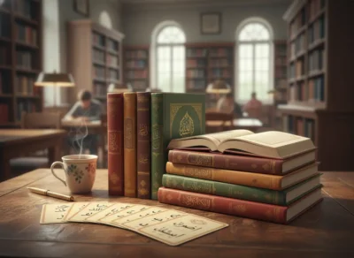 image_title Stacks of ornate Qur'an books on a wooden table in a quiet library, Learn Arabic Without Living in an Arab Country