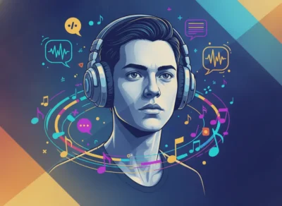 Stylized portrait of a person wearing large headphones, with colorful musical notes swirling around them.