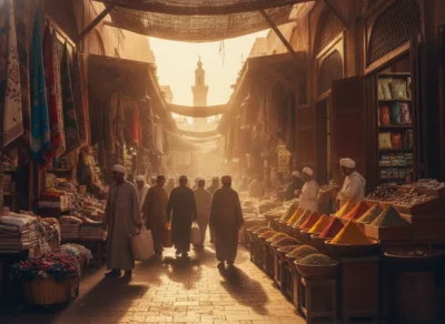 Sunlit bazaar street with vendors and baskets of colorful spices on the right, silhouettes of shoppers in traditional robes central to the scene.