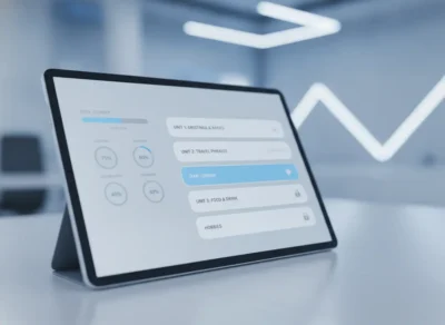 Tablet displaying an e-learning dashboard with units like 'Greetings & Basics' and 'Travel Phrases'; 'Smart Lesson' highlighted in blue.