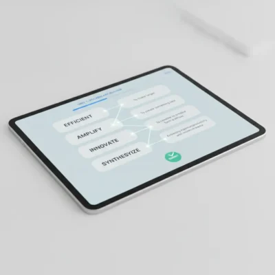 Tablet screen showing an infographic with four labeled nodes—Efficient, Amplify, Innovate, Synthesize—connected by lines.