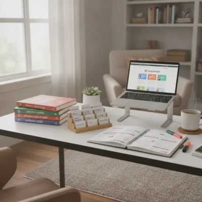 Tidy home study desk with a laptop on a stand, colorful language books, a small plant, wooden flashcards, and an open planner on a white table