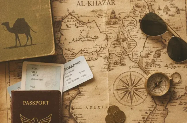 Travel flat lay: old map of Al-Khazar with a passport, camel book, tickets, compass, coins, sunglasses, and coffee cup on wooden surface.